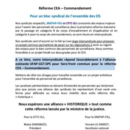 Réforme CEA: Commandement Alliance CFTC-SLJ/SNEPAP pour un bloc des syndicats pénitentiaires.