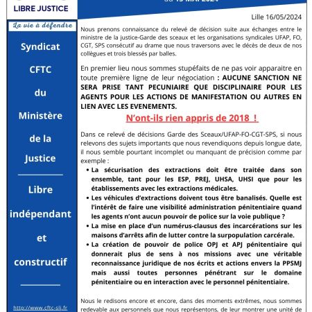 RELEVE DE DECISIONS RENCONTRE GARDE DES SCEAUX / FO,UFAP,CGT,SPS du 15 MAI 2024