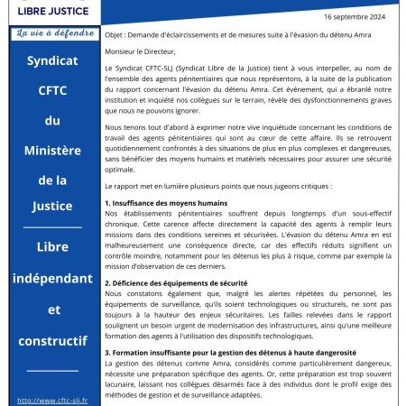 LO au DAP : Demande d&rsquo;éclaircissements et de mesures suite à l&rsquo;évasion du détenu Amra