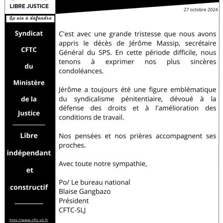 Condoléances décès du syndicaliste Jérôme Massip