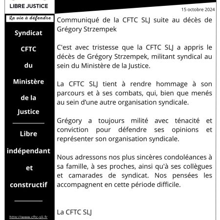 Communiqué de la CFTC SLJ suite au décès de Grégory Strzempek