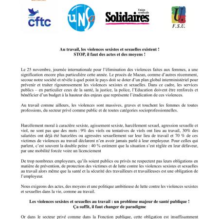 Au travail, les violences sexistes et sexuelles existent ! Stop, il faut des actes et des moyens !