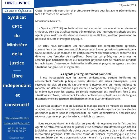 Lettre ouverte Ministre de la justice, Garde des sceaux : Moyens de coercition et protection renforcée pour les agents pénitentiaires face à la montée de la violence
