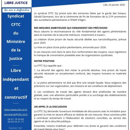 COMMUNIQUÉ DU SYNDICAT CFTC SLJ : SUITE AUX ANNONCES DU GARDE DES SCEAUX À L’ ENAP