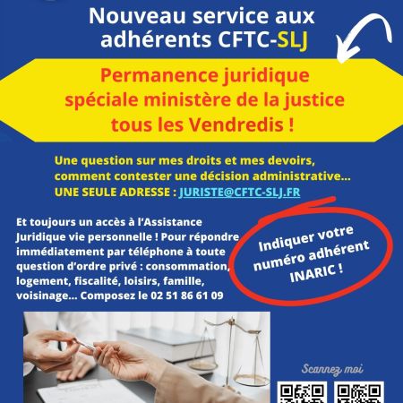Nouveau service aux adhérents CFTC-SLJ : Permanence juridique spéciale ministère de la justice tous les Vendredis !