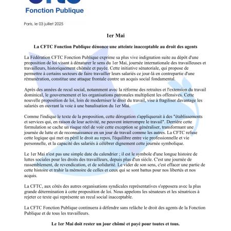 1er Mai La CFTC Fonction Publique dénonce une atteinte inacceptable au droit des agents