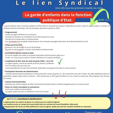 Le lien Syndical : La garde d&rsquo;enfants dans la fonction publique d&rsquo;Etat.
