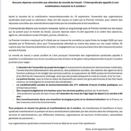 L’intersyndicale appelle à la mobilisation le 2 octobre
