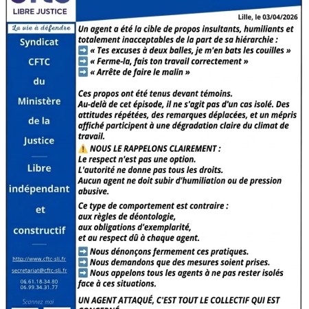 CP Lille-Loos-Sequedin : Des propos inacceptables de la part de la hiérarchie, le respect est dû à chaque agent.