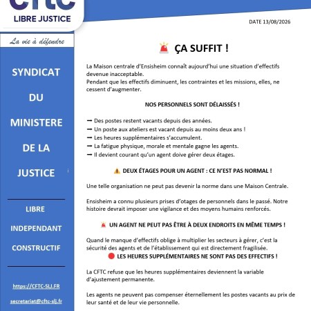 MAISON CENTRALE D’ENSISHEMENSISHEM : LE SOUS-EFFECTIF MET LA SÉCURITÉ EN DANGER !